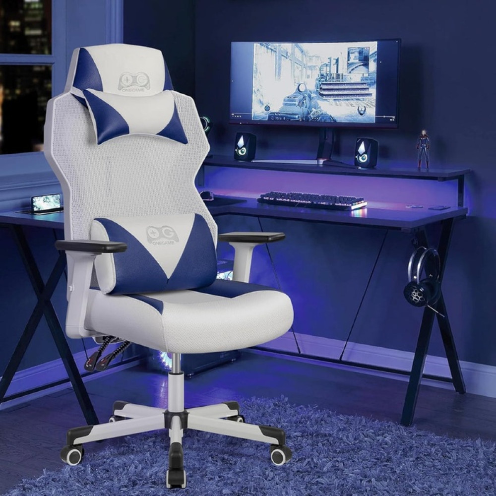 OneGame Video Gaming Chair Racing Style Swivel Chair- white & blue